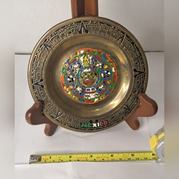 Vintage Mexico Tribal Hand Painted Embossed Brass Plate Plaque Souvenir - Picture 2 of 7